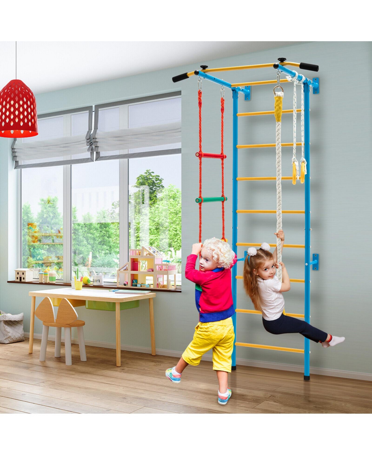 Skonyon 7 In 1 Kids Indoor Gym Playground Swedish Wall Ladder for Solid Wall-Yellow