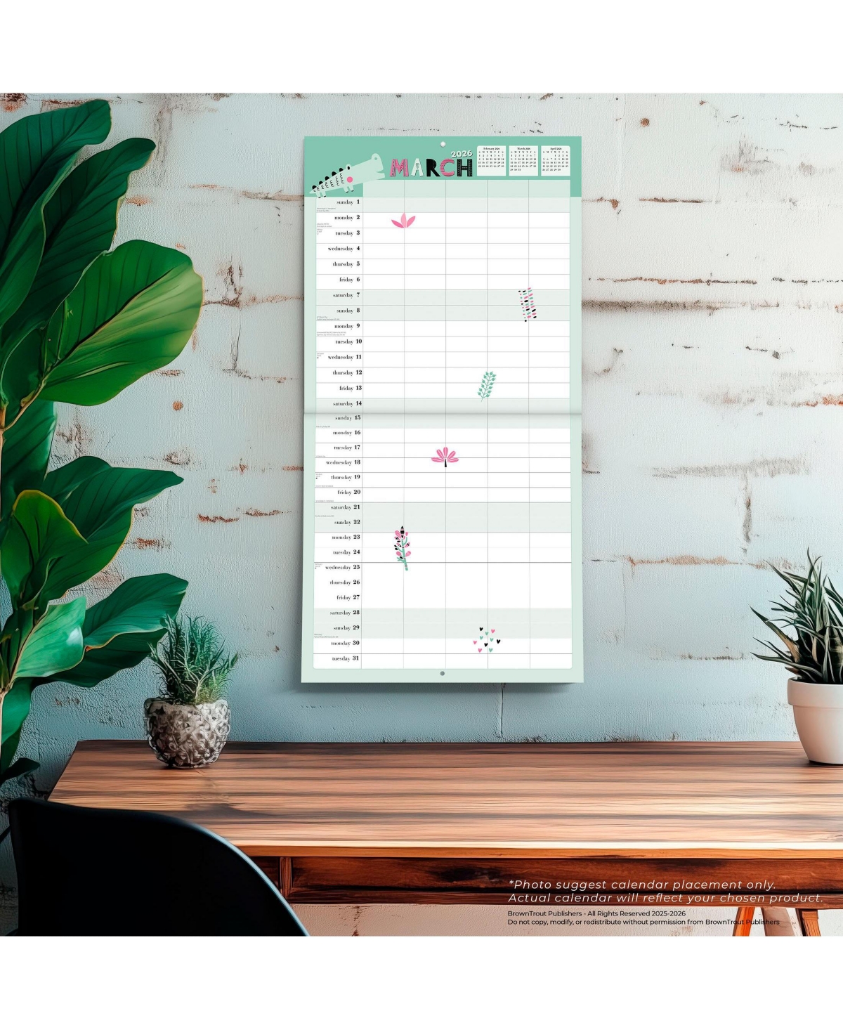 BrownTrout Plastic-Free Matte Paper Monthly Wall Calendar with Sticker Sheet, 12 x 24 Inch, The Very Busy Family Organizer 2026