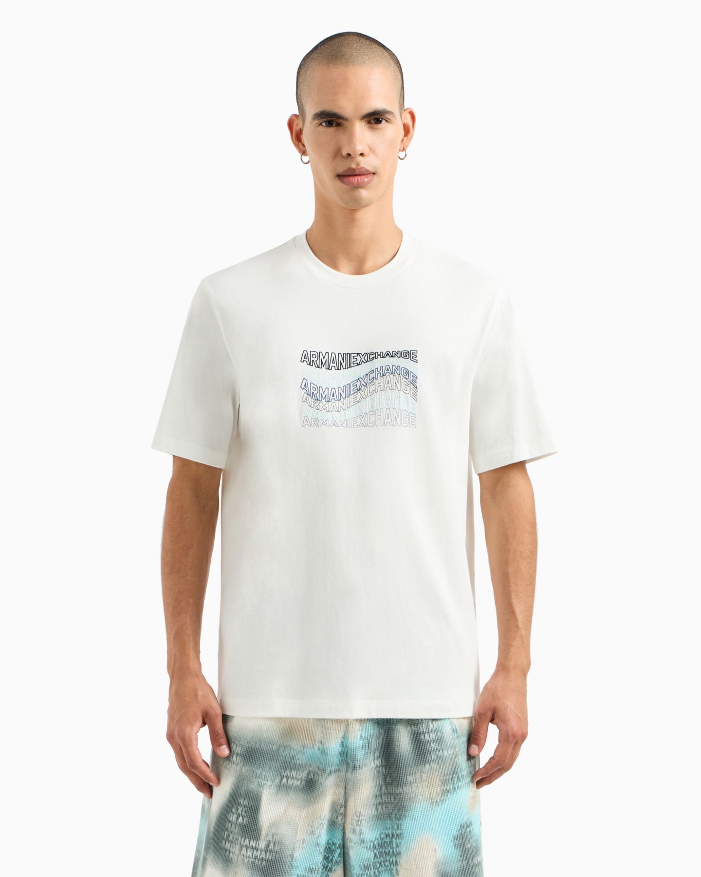Мужская футболка A|X Armani Exchange Cotton Wave Logo Print, цвет: Молочный белый — фото 1