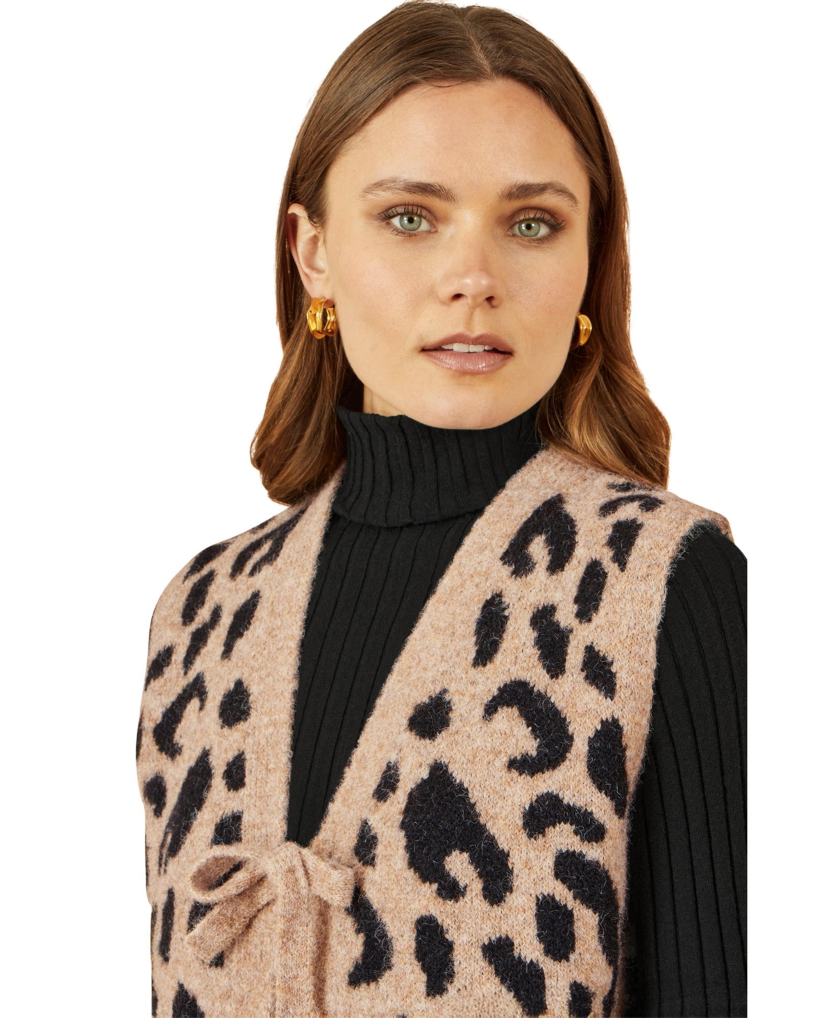 Yumi Women's Knitted Cheetah Print Tie Waistcoat
