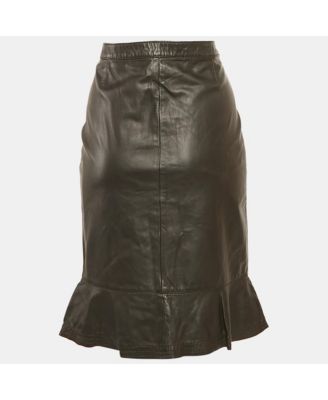 Women's Brown Leather Flounce Hem Knee Length Skirt