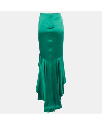 Women's Green Satin Ruffled High-Low Maxi Skirt