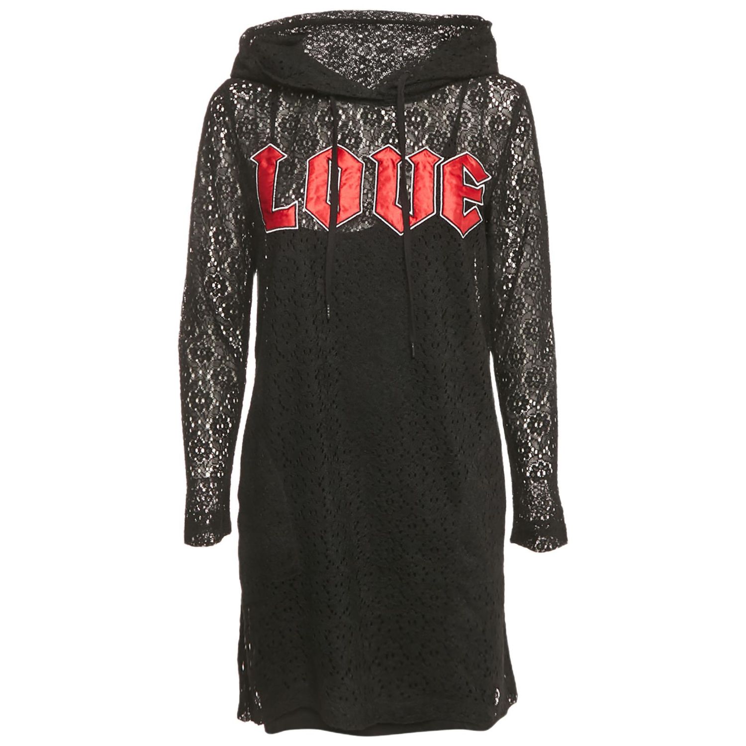 Women's Pre-Owned Love Mocshino Black Love Applique Mesh Hooded Dress