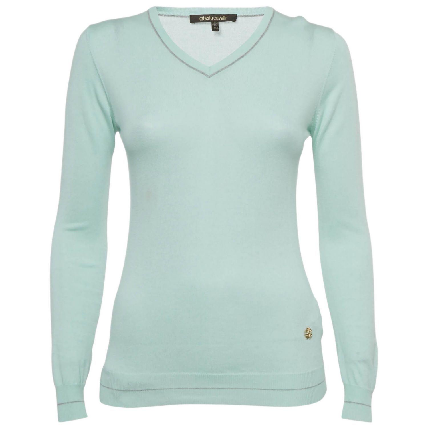 Women's Blue Cotton Knit V-Neck Sweater