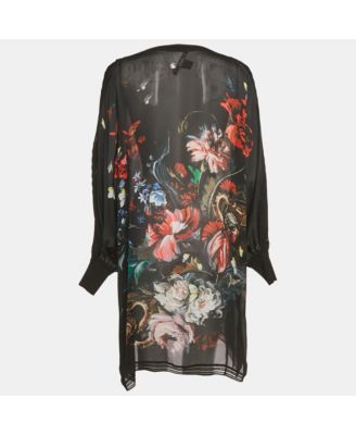 Women's Black Floral Print Silk Semi Sheer Dress