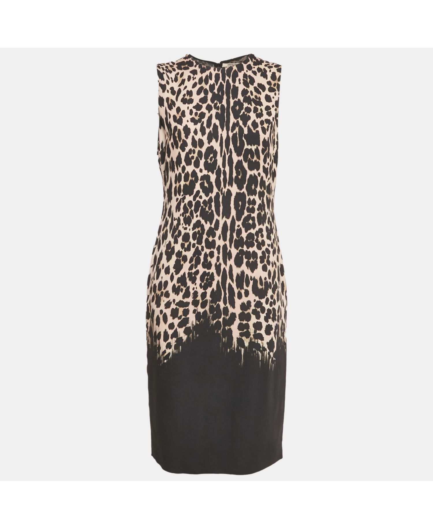 Women's Black Leopard Print Crepe Sleeveless Midi Dress