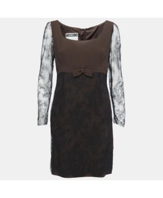 Women's Couture Black & Brown Crepe Mini Dress with Lace Bow Detail