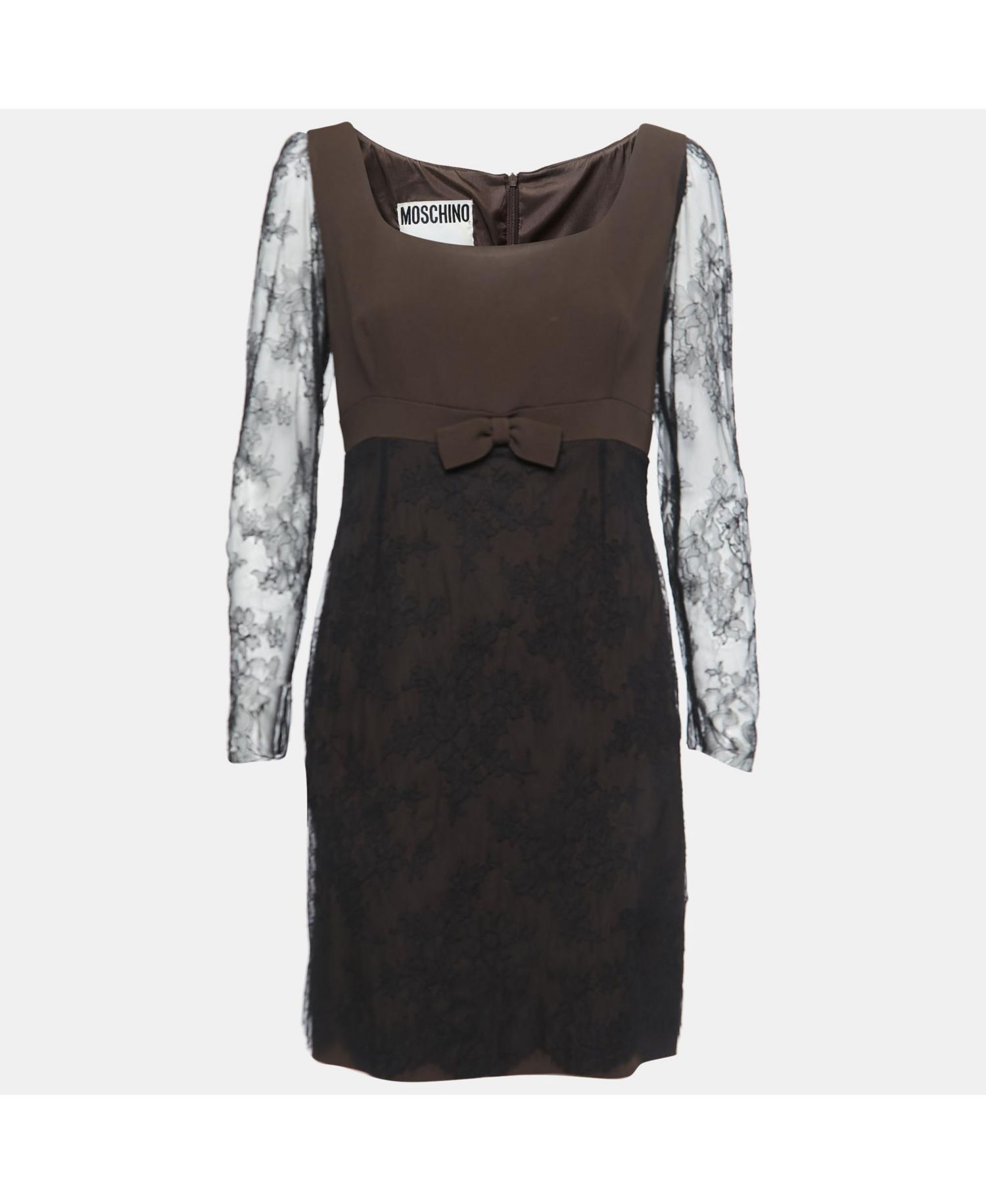 Women's Couture Black & Brown Crepe Mini Dress with Lace Bow Detail