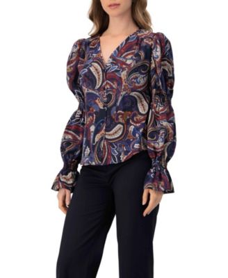Women's V-Neck Printed Shirt With Smocked Sleeves