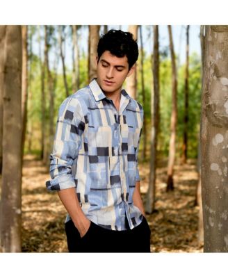 Men's Powder Blue & Pale Yellow Cubic-Overlap Shirt