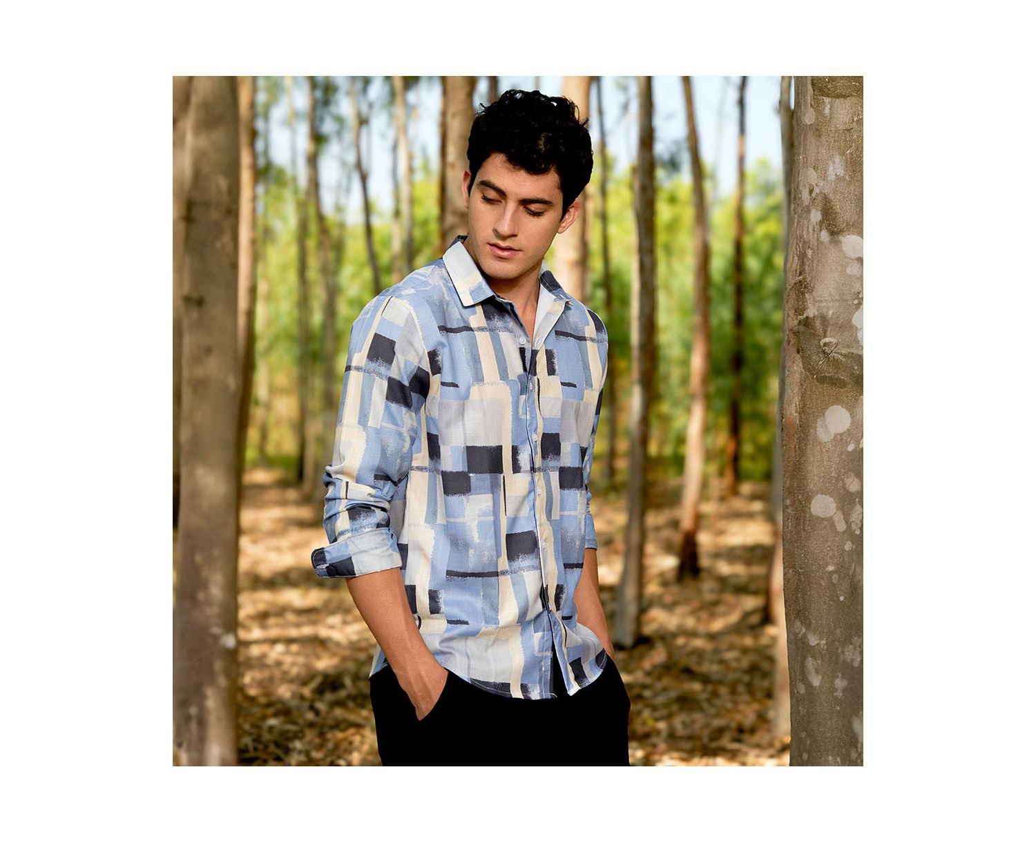 Men's Powder Blue & Pale Yellow Cubic-Overlap Shirt