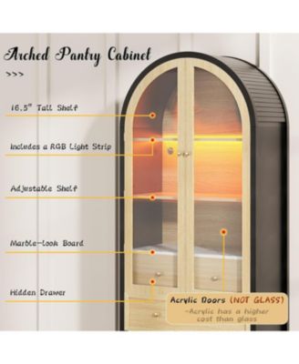 70" Arched Pantry Cabinet with LED Lights, 3 Drawers, Adjustable Shelf & Glass Doors, Black & Oak