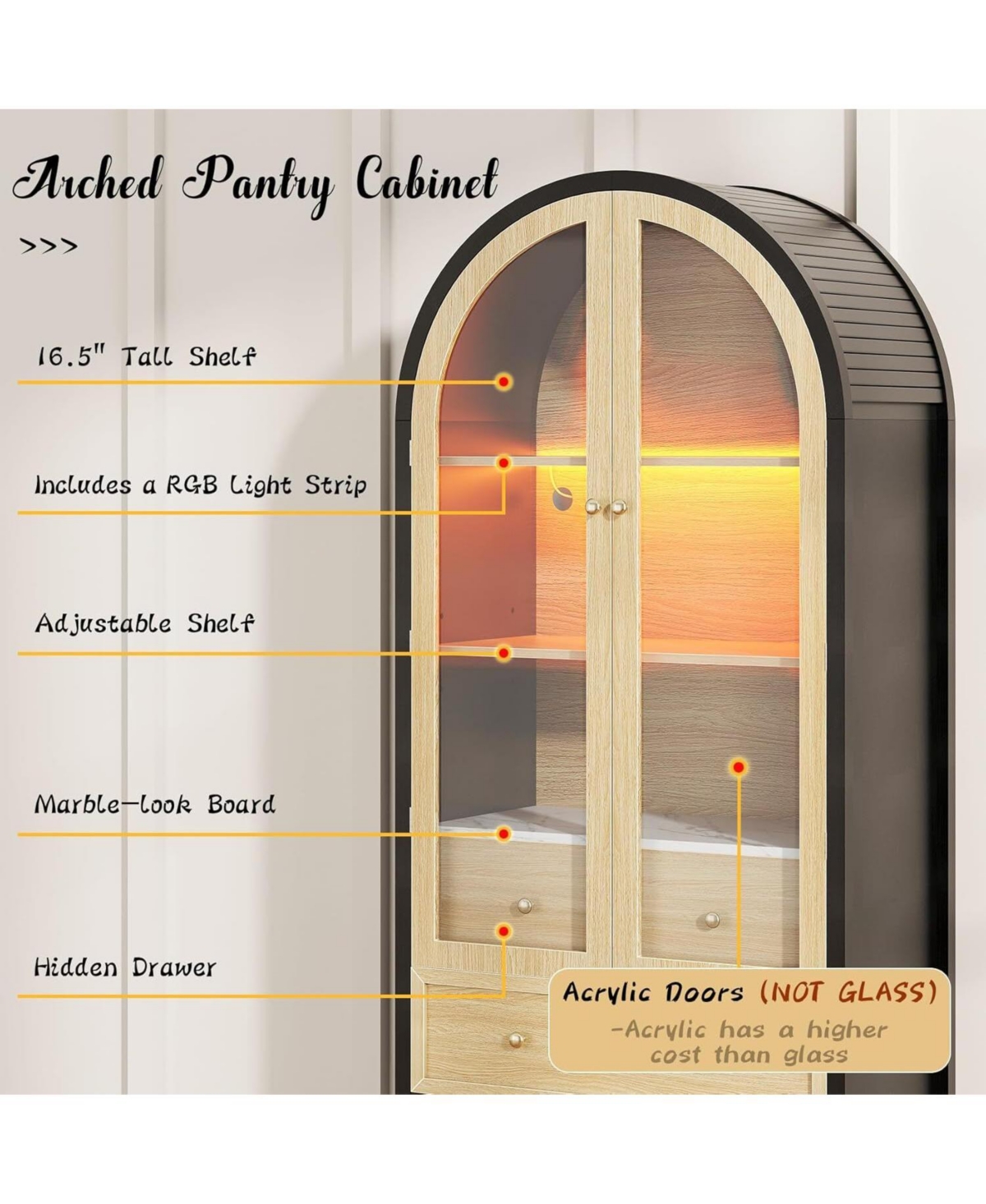 Gaomon 70" Arched Pantry Cabinet with Led Lights, 3 Drawers, Adjustable Shelf & Glass Doors, Black & Oak