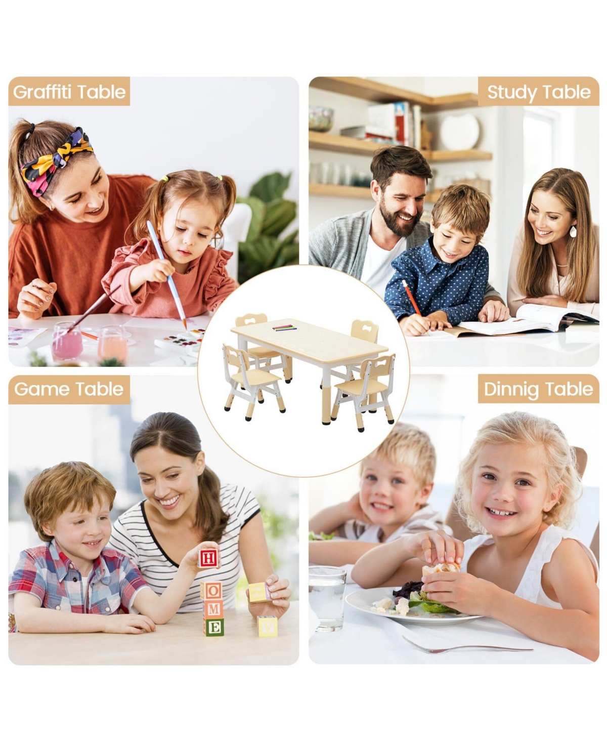 Gaomon Kids Table and 4 Chairs Set, Height Adjustable Table for 4