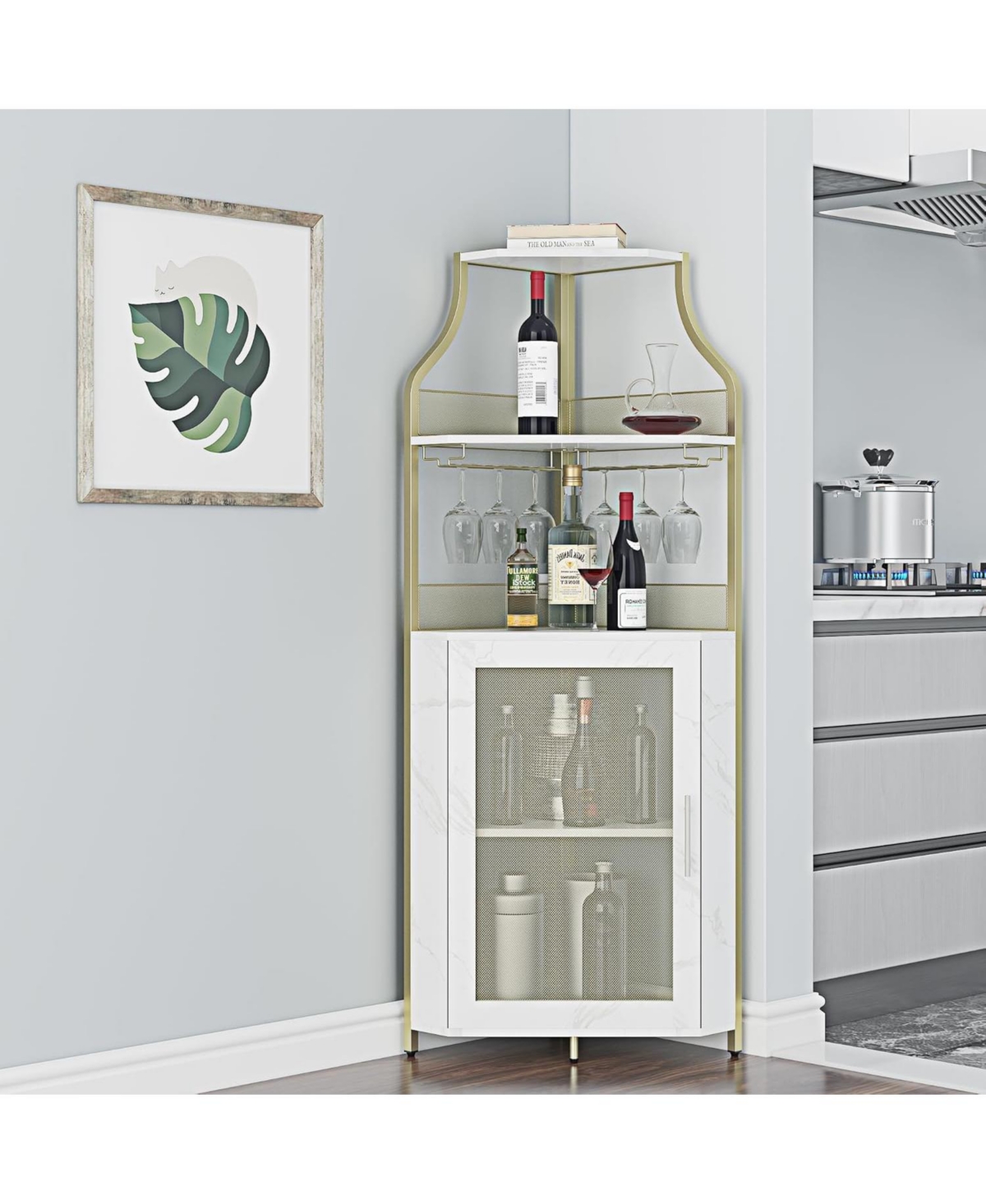 gaomon Farmhouse Wine Bar Corner Cabinet with Detachable Rack, Mesh Door, Glass Rack, and Storage for Kitchen and Dining Room,Gold