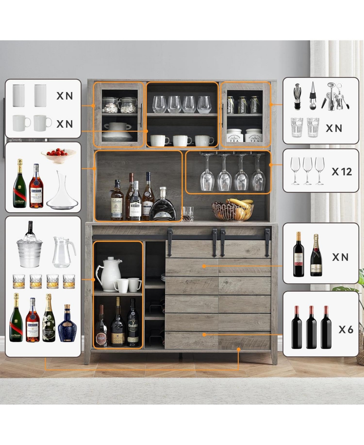 gaomon 70" Farmhouse Bar Cabinet with Sliding Barn Door, Storage Shelves, Wine and Glass Rack, Sideboard for Kitchen and Dining Room, Gray