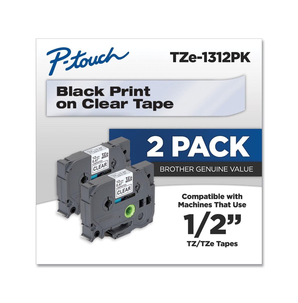 Brother P-Touch TZE1312PK Tze Standard Adhesive 0.47 in. x 26.2 ft. Laminated Labeling Tapes - Black On Clear (2/Pack