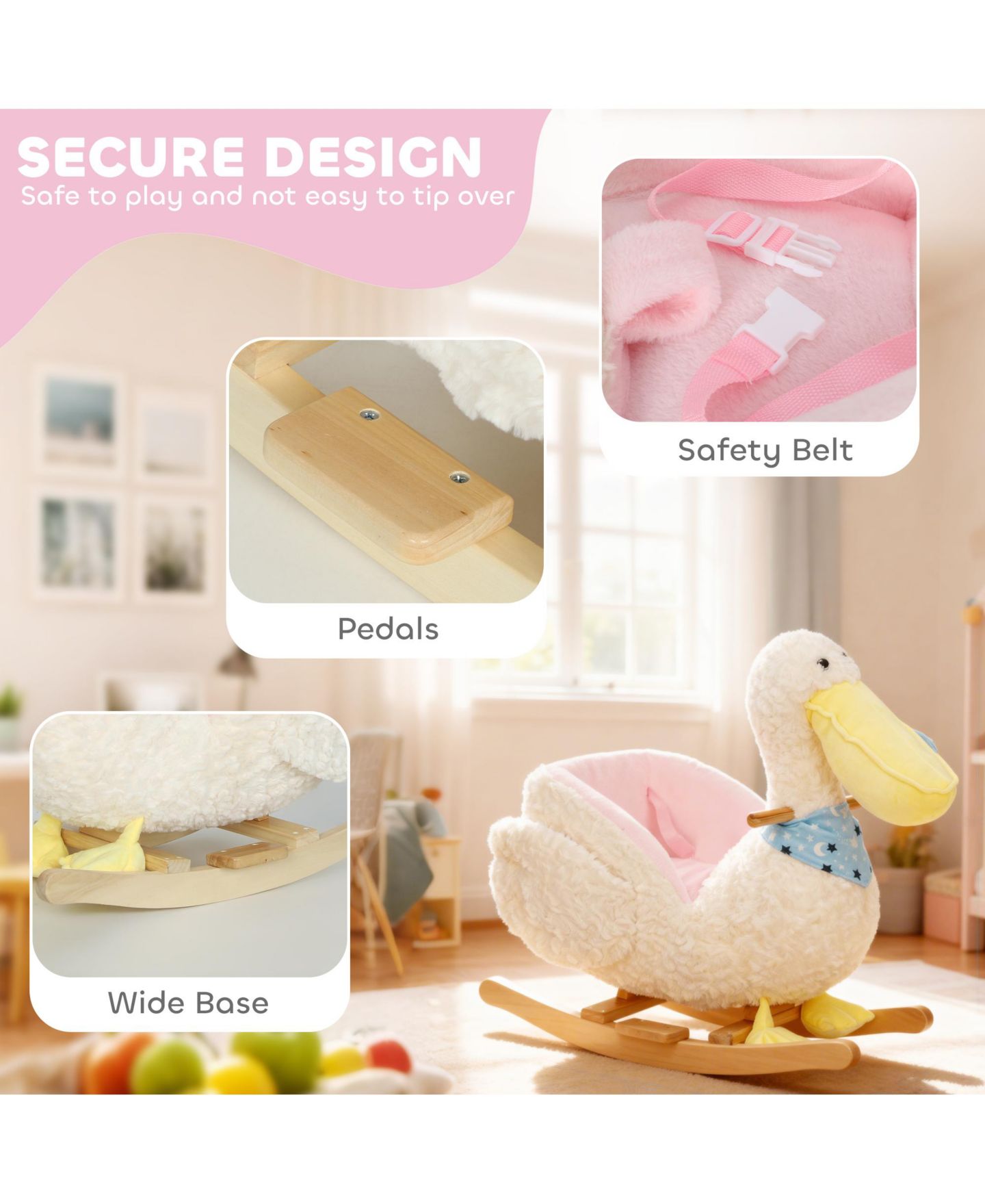 Детская игрушка Qaba Pelican Plush Rocking Horse with Duck Sounds, Holds up to 55 lbs., Ages 12+ Months, цвет: Белый — фото 5
