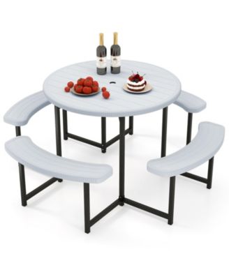 Round Picnic Table Set with 4 Benches and Umbrella Hole