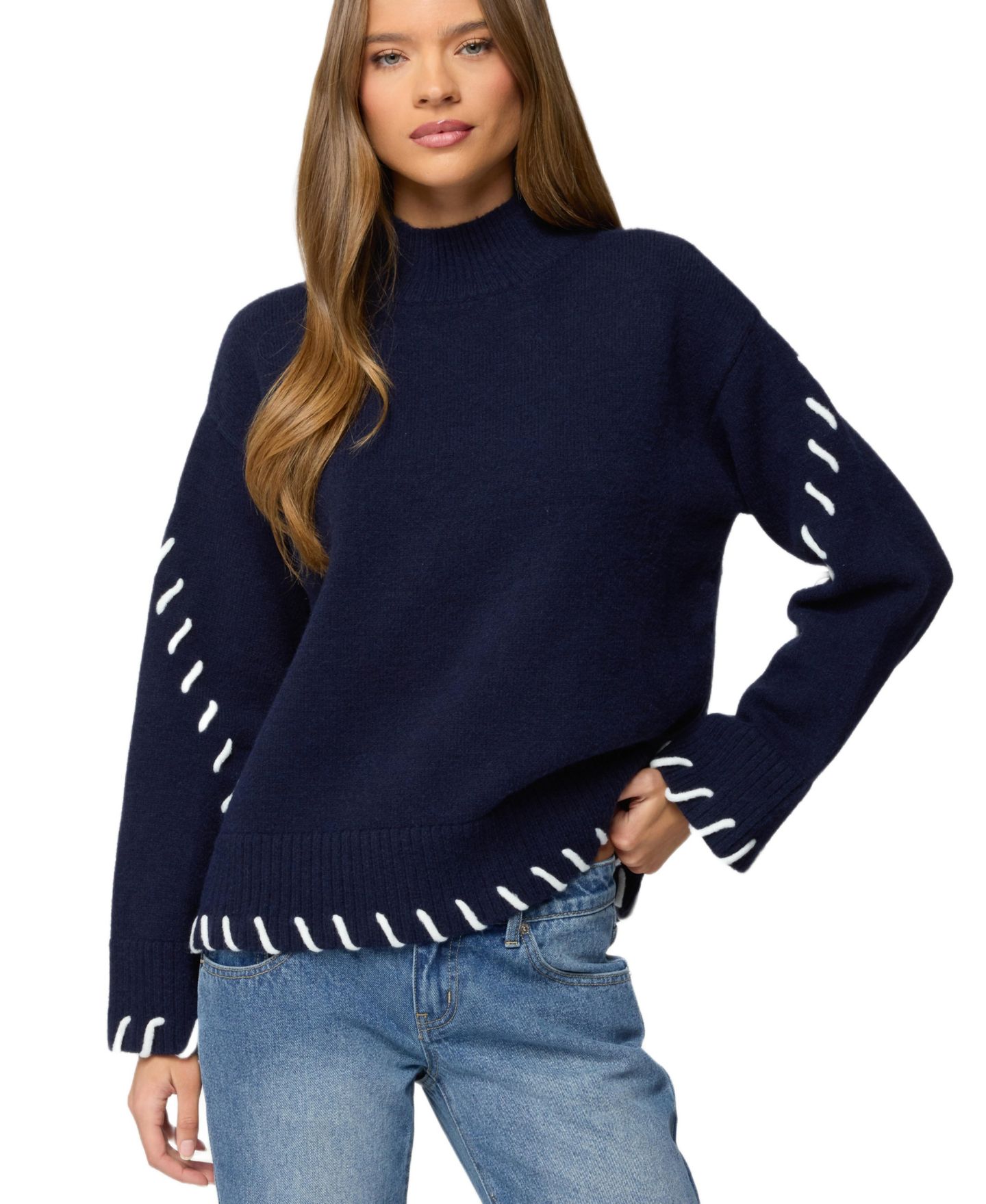 Женский свитер Edikted Indah Contrast Stitch Oversized Sweater, цвет: Тёмно-синий — фото 1