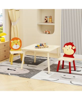 3-Piece Kids Table and Chair Set with Lion and Monkey Theme in Natural