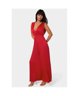 Women's Bare Deep Vee Pleated Satin Jumpsuit