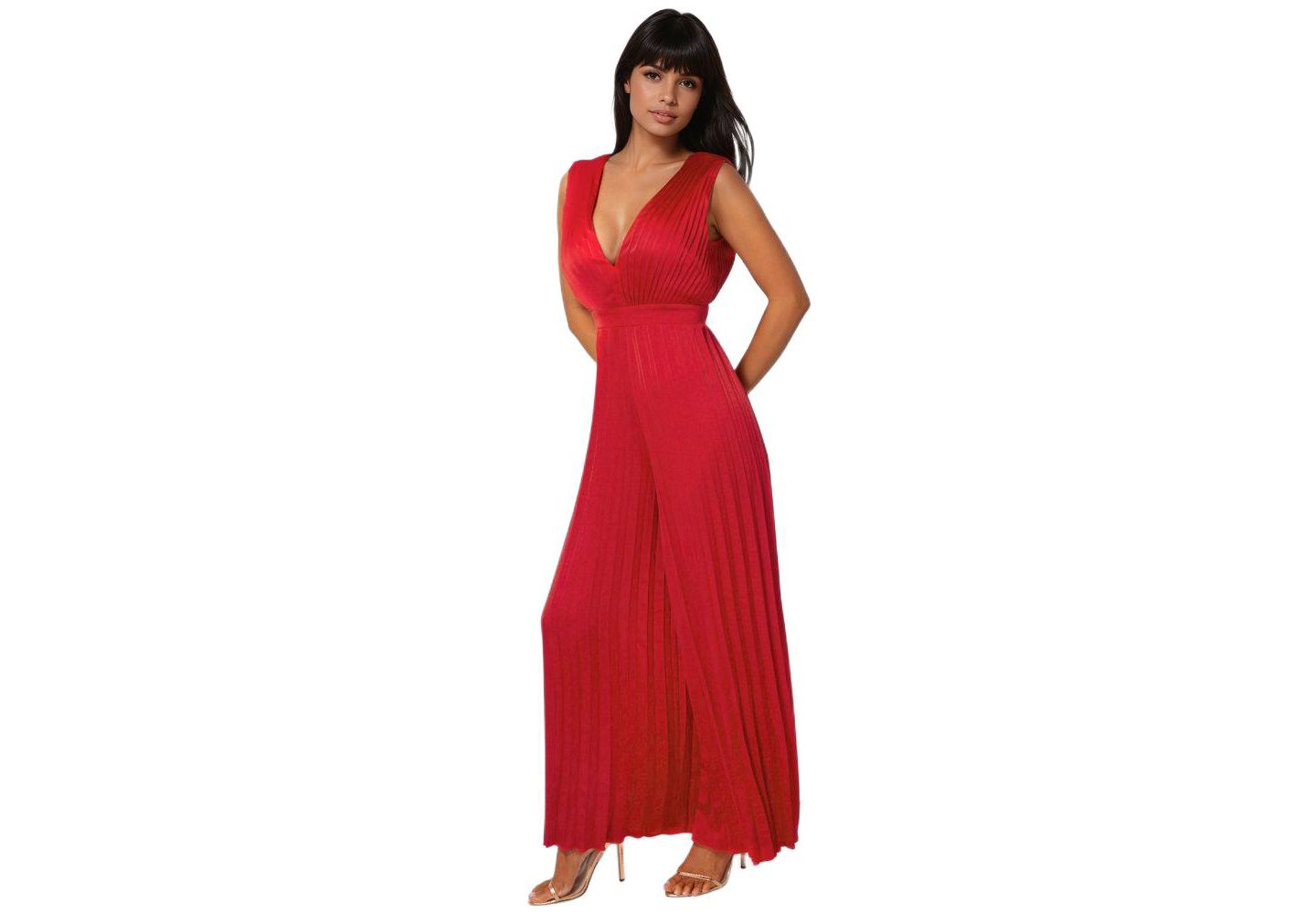 Женский комбинезон Bebe Bare Deep Vee Pleated Satin Jumpsuit, цвет: Красный — фото 2