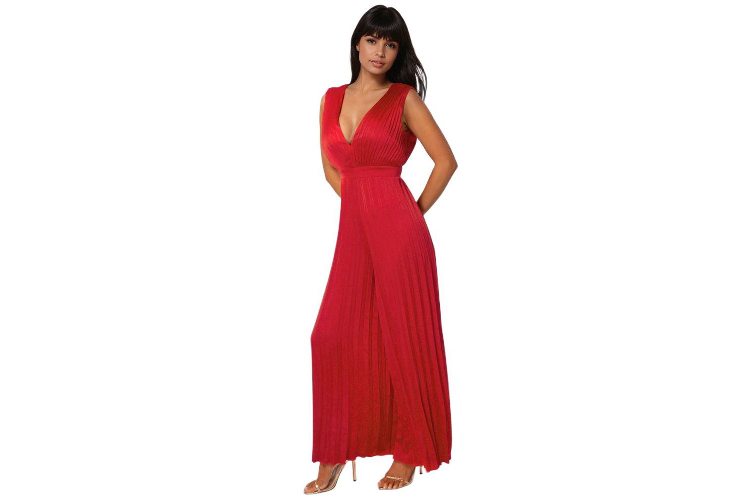 Women's Bare Deep Vee Pleated Satin Jumpsuit