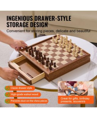 Solid Wood 15-Inch 2-in-1 Chess and Checkers Set with Storage Drawer, Weighted Pieces and Extra Queens for Adults and Kids