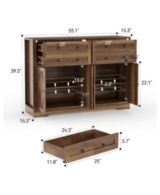 Modern Farmhouse Buffet Cabinet with Storage, Wood Large Sideboard Storage Cabinet with 4 Doors & 4 Drawers Coffee Bar.
