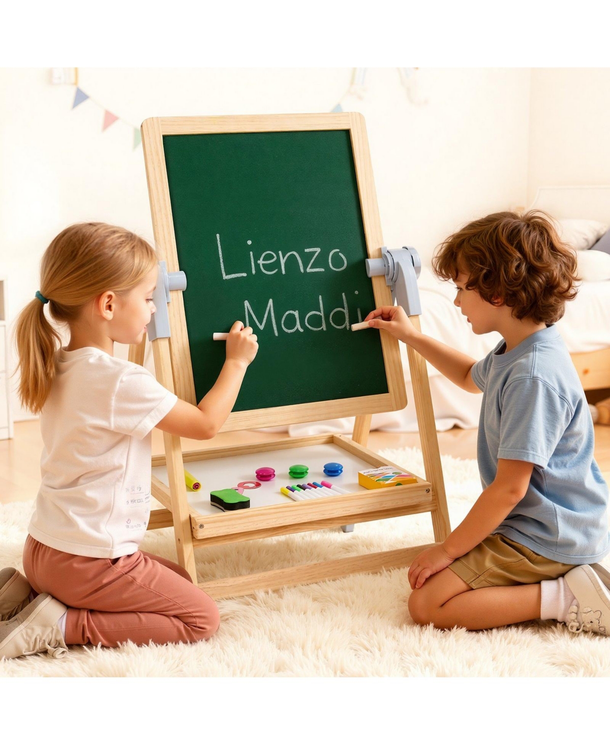 Hongge Kids Wooden Art Easel 2-in-1 Double-Sided with Accessories