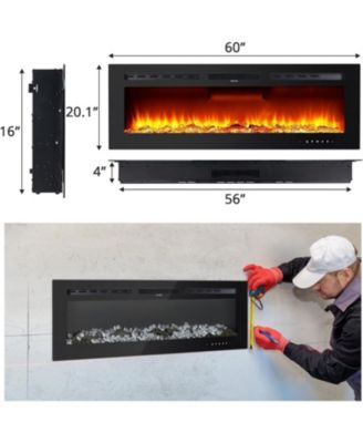 60" In-Wall Electric Fireplace, 12 Flame Colors, 900/1800W Heater, Timer, Adjustable Brightness, Log & Crystals