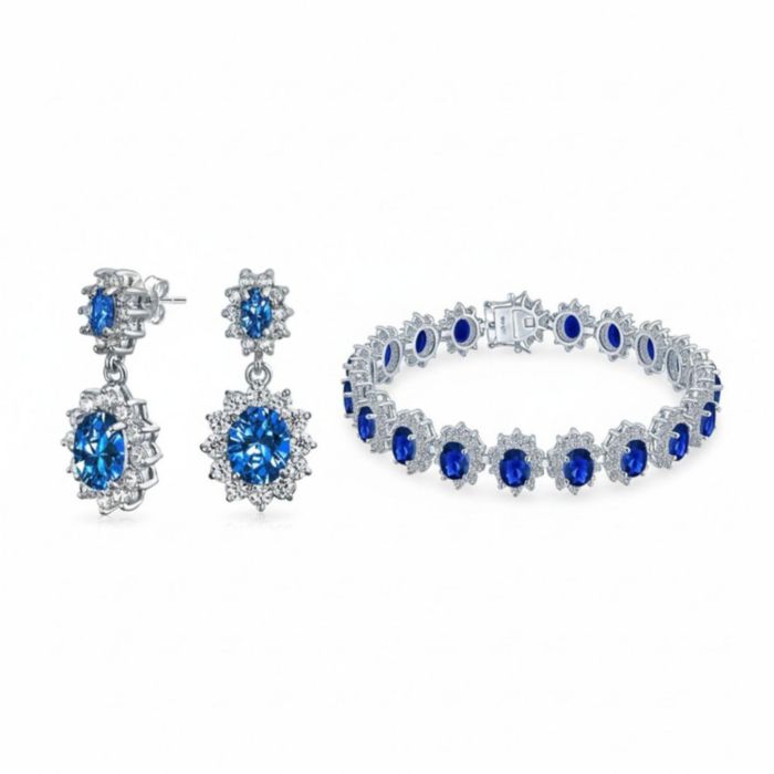Bling Jewelry Art Deco Crown Halo Oval Blue Cubic Zirconia CZ Tennis