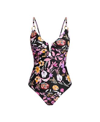 Women's V Neck Crossback One Piece Swimsuit with O Ring
