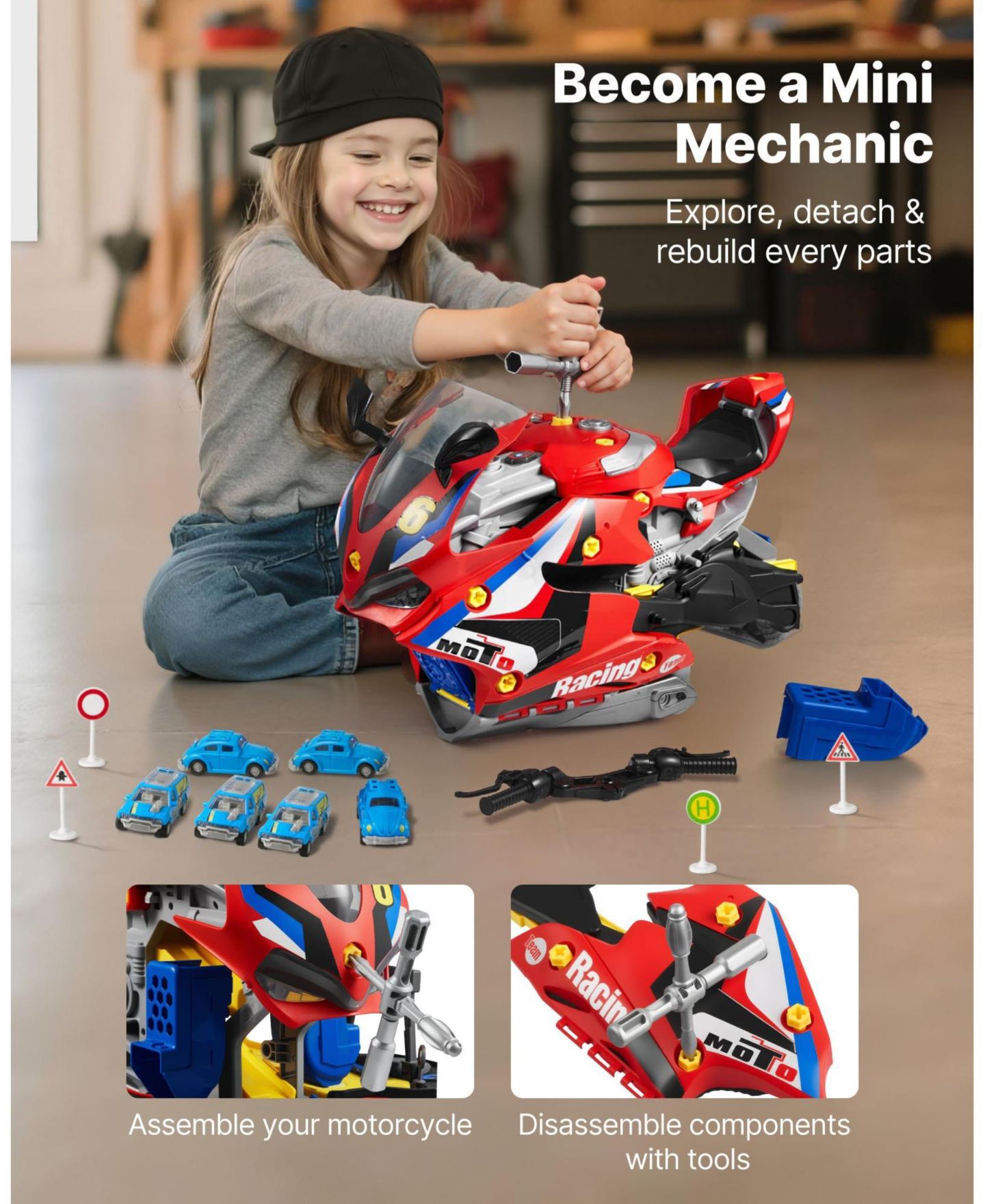 Детские игрушки HONGGE Kids Motorcycle Transforming Engine Repair Workshop 23-Piece Toy, Ages 3+, цвет: Красный — фото 8
