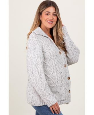 Maternity Cable Knit Collared Button-Up Cardigan Sweater