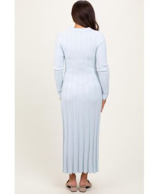 Maternity Light Blue Wide Ribbed Knit Collared Midi Dress