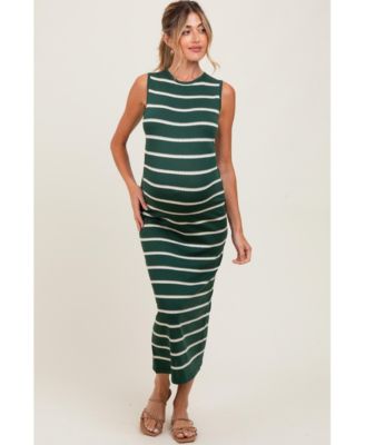 Maternity Forest Green Striped Sleeveless Knit Midi Dress