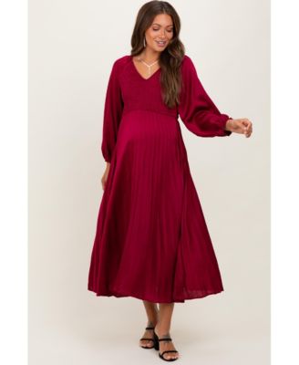 Maternity Burgundy Satin Smocked Pleated Midi Dress