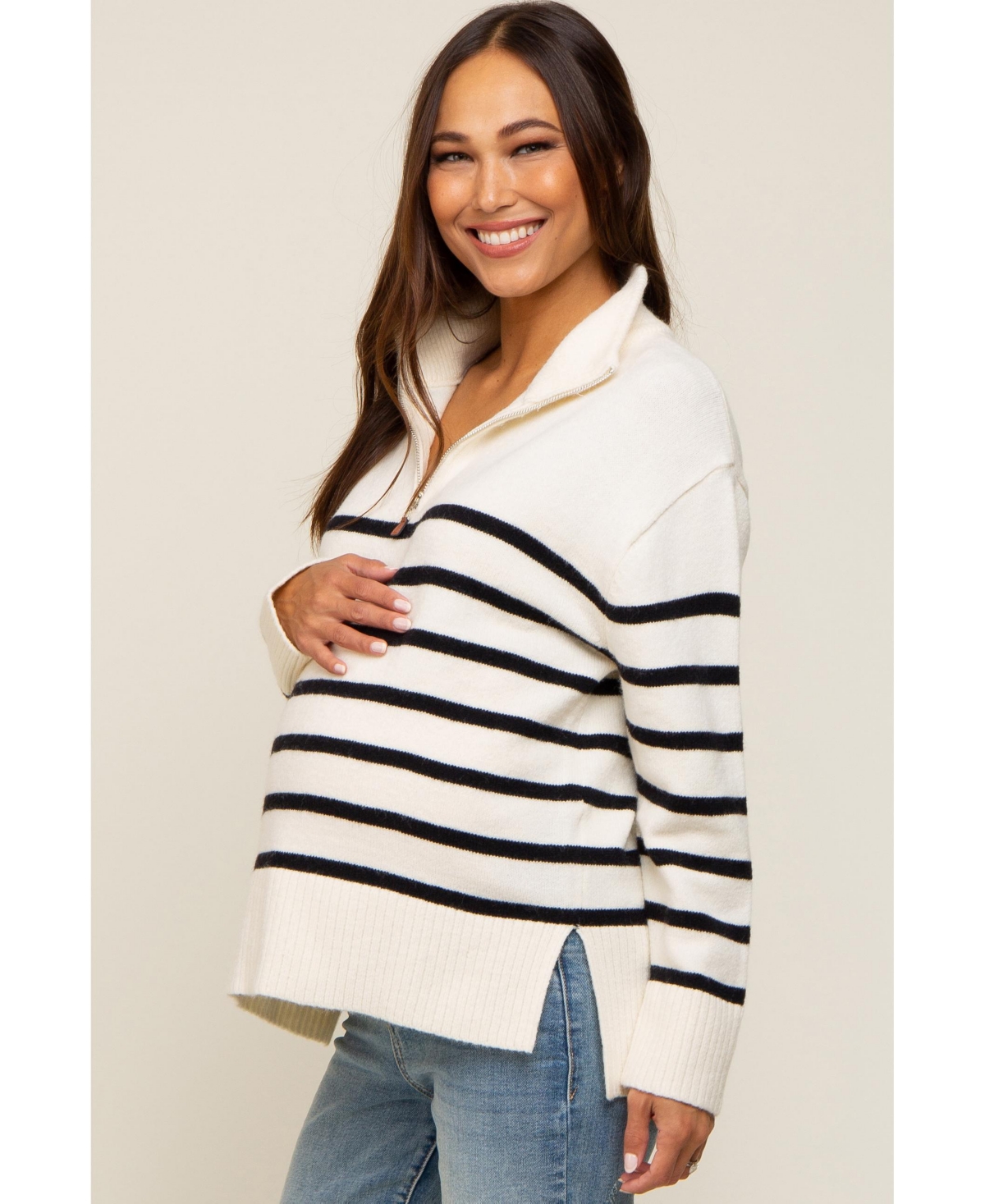 Pinkblush Maternity Ivory Striped Half Zip Sweater
