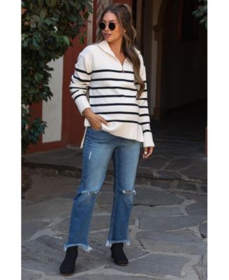 Maternity Ivory Striped Half Zip Sweater