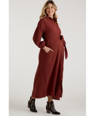 Maternity Blue Gauze Belted Shirt Midi Dress