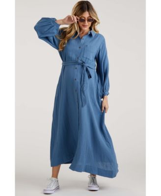 Maternity Blue Gauze Belted Shirt Midi Dress