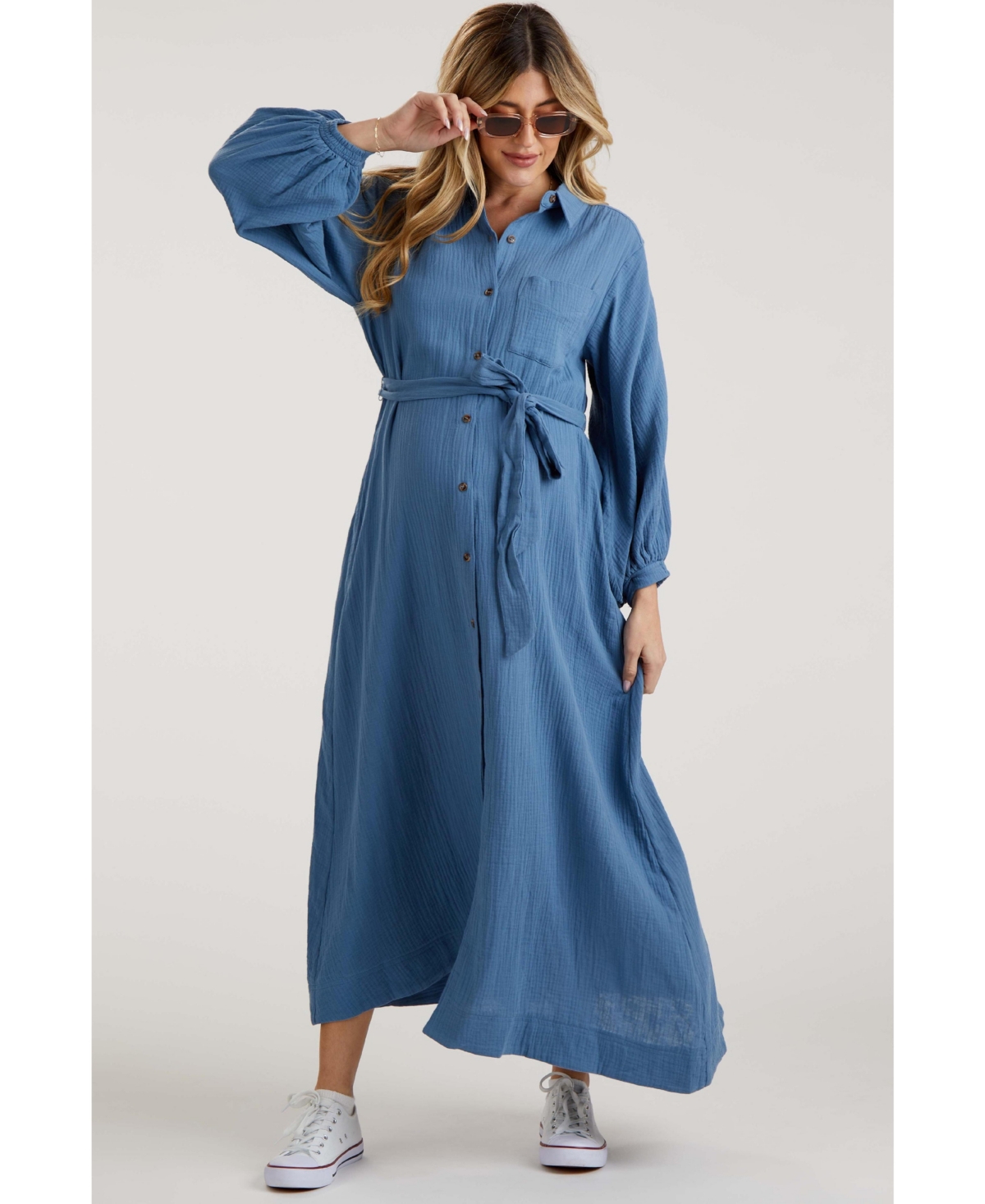 Pinkblush Maternity Blue Gauze Belted Shirt Midi Dress