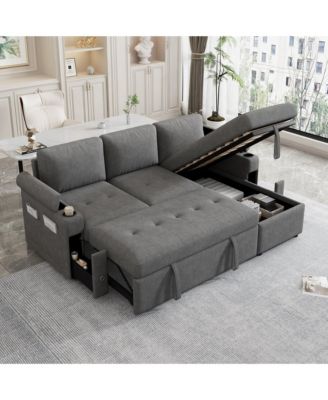83.5" L-shaped Sofa Couch Convertible Sofa Bed Sectional Sofa with Ample Storage Space, Two Cup Holders and Two USB Ports for Living Room