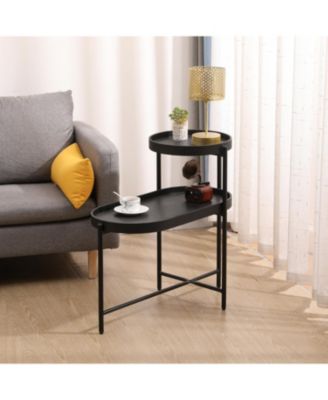 Black 2-Tier Side Table with Metal Frame and Wooden Storage
