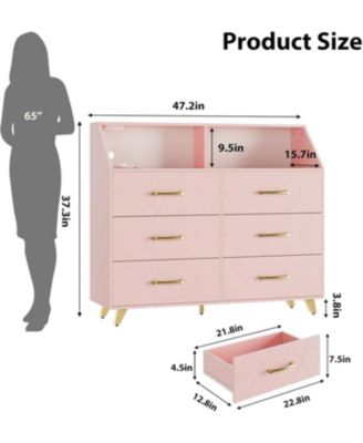 47 Inch 6 Drawer Dresser with LED Light Charging Station Storage Shelf Gold Legs Modern Drawer Cabinet for Bedroom Living Room