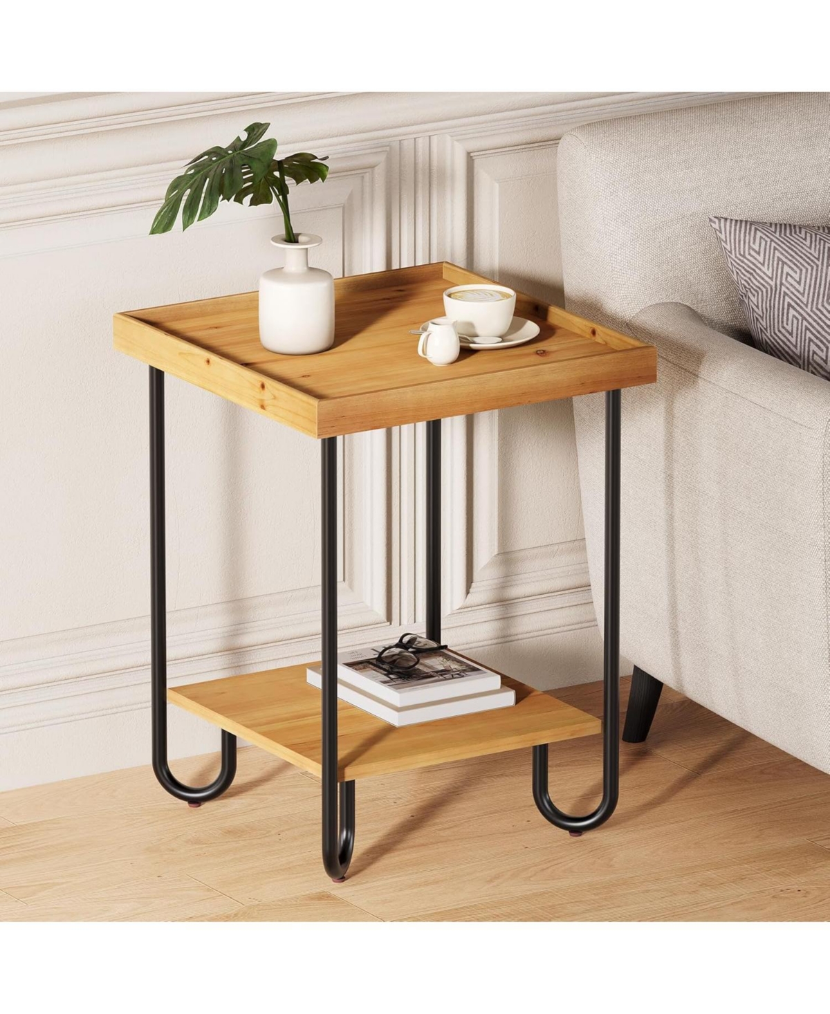 Tribesigns Solid Wood Square End Table, Sofa Side Table with 2-Tier Storage Shelf for Living Room, Easy Assembly