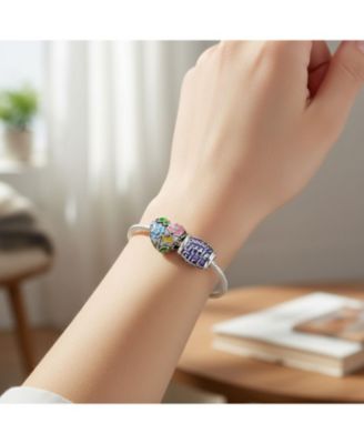 Set of 2 CZ Accent Love Grows Floral Heart & Words Daddy's Little Girl Charm Bead Sterling Silver Bracelet