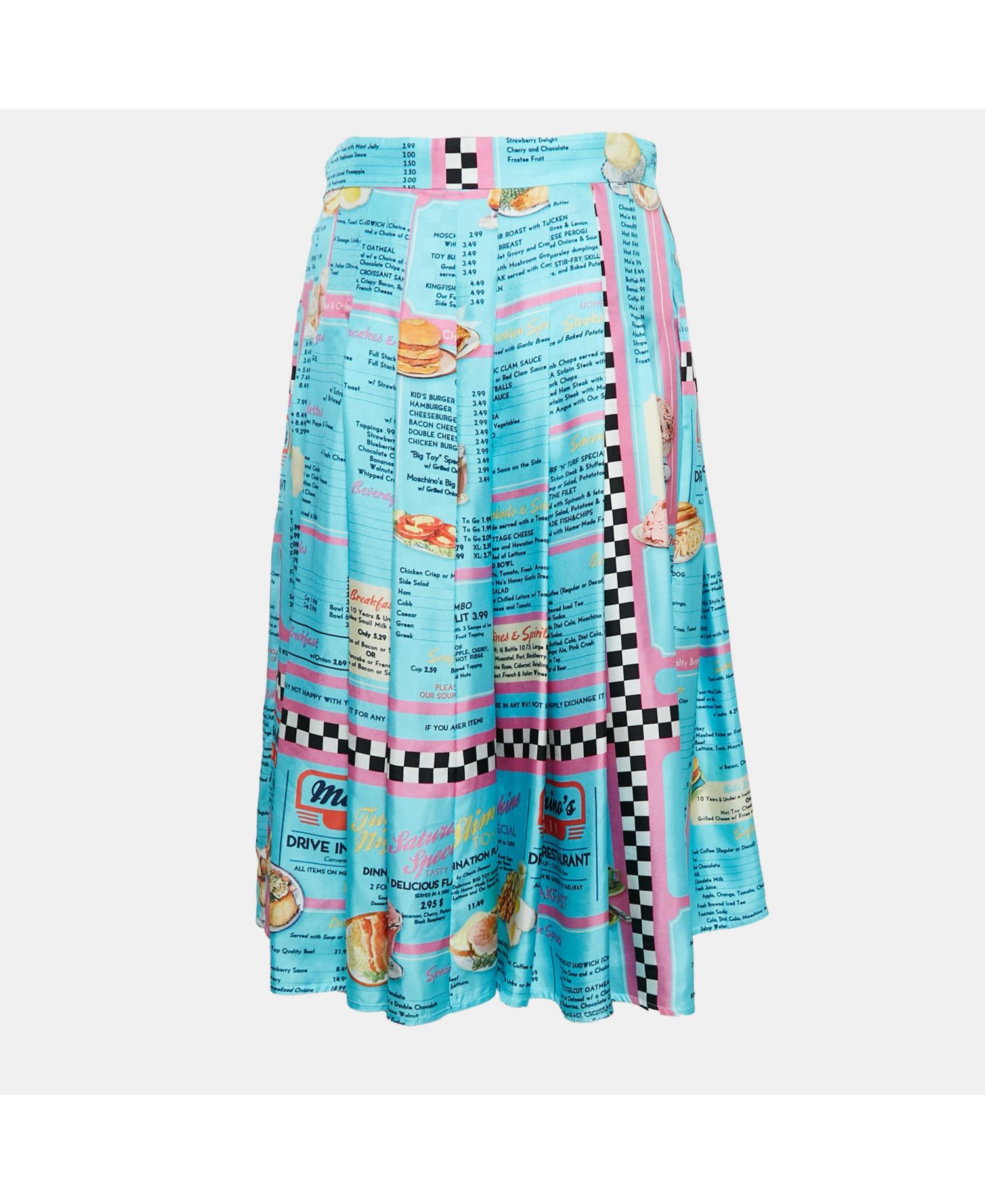 Women's Couture Blue Drive In Menu Print Silk Pleated Midi Skirt